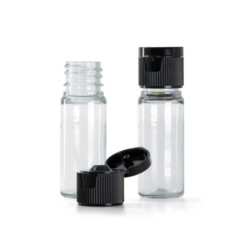 Flacone in plastica, trasparente, tappo flip top in plastica nera, 10 ml
