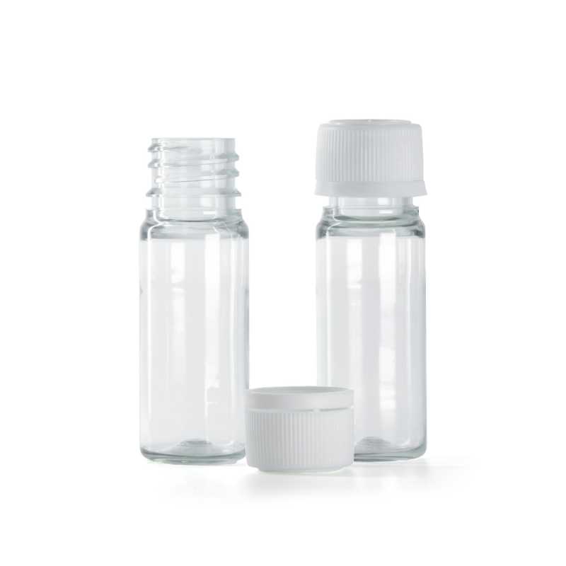 Flacone plastico trasparente, tappo plastico antimanomissione bianco, 10 ml