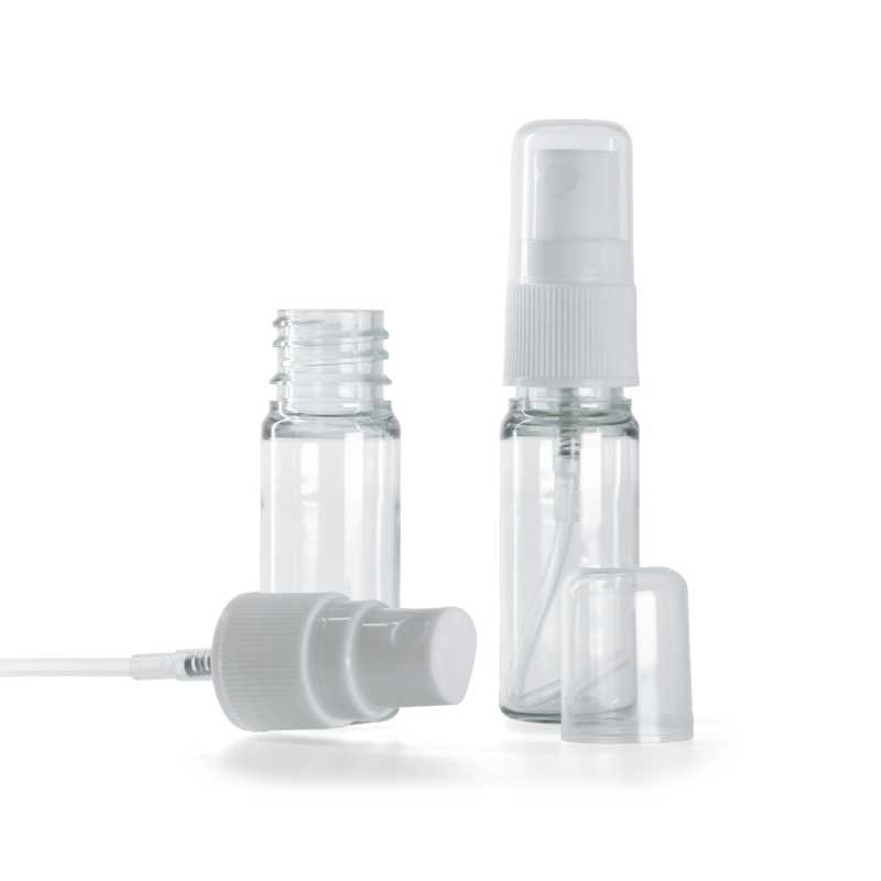 Bottiglia in plastica, trasparente, spruzzatore bianco, 10 ml
