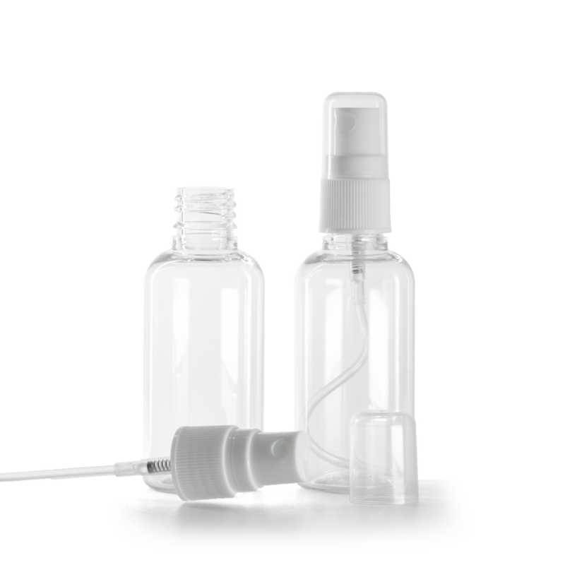 Bottiglia in plastica, traslucida, spruzzatore bianco, 50 ml