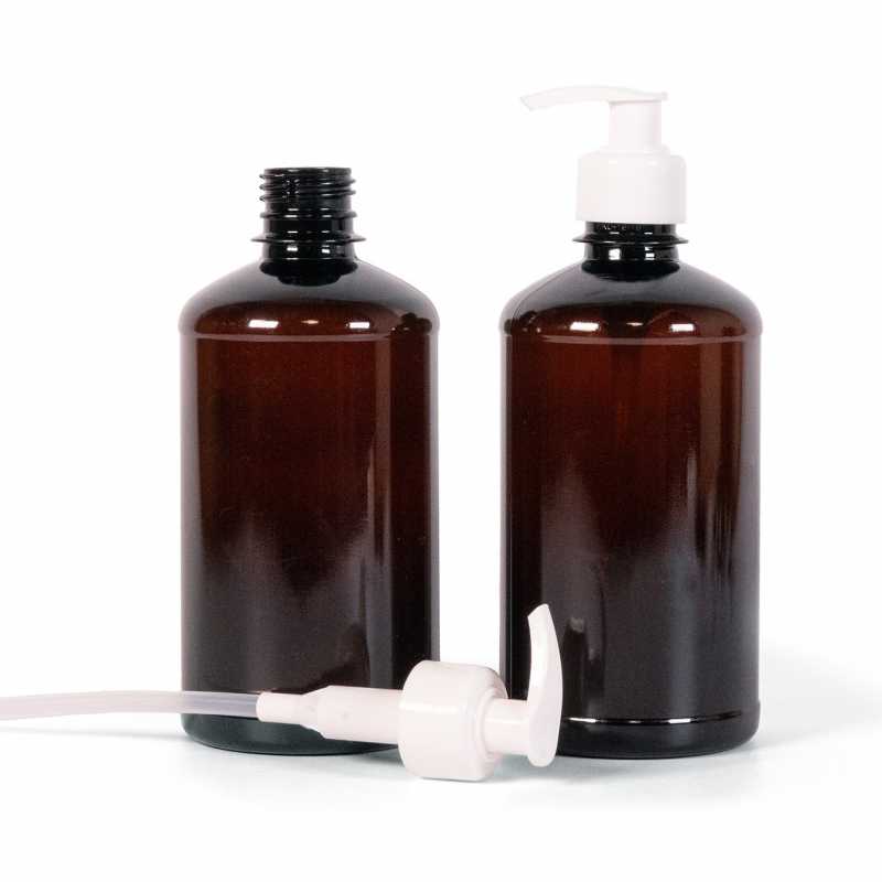 Bottiglia di plastica marrone, pompa bianca, 500 ml
