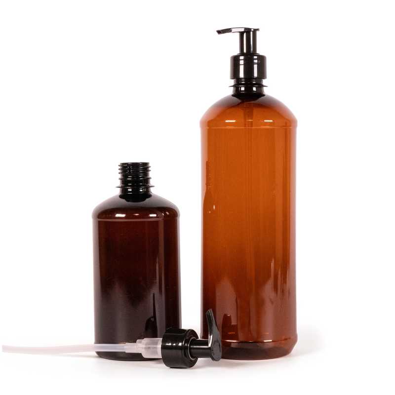 Bottiglia di plastica marrone, pompa nera, 500 ml