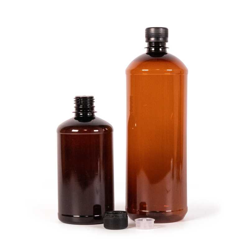Bottiglia di plastica marrone, tappo nero con contagocce, 500 ml