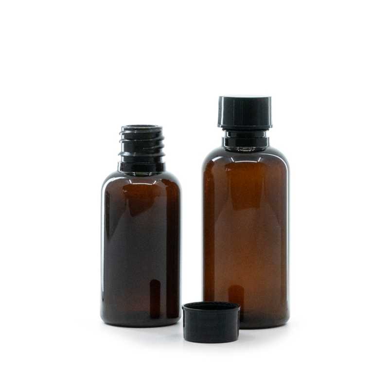 Flacone plastico, ambra, tappo nero, 30 ml