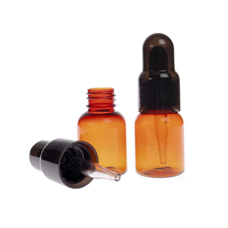 Flacone PET, ambra, 25 ml, contagocce in plastica, tappo nero