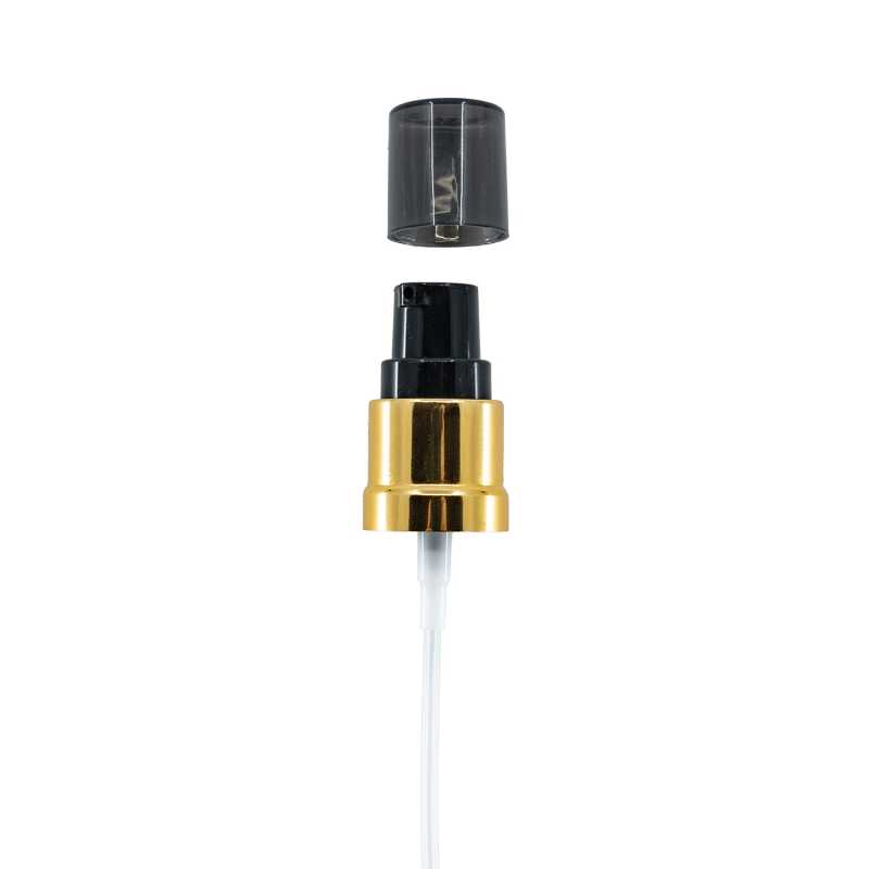 Pompa crema in plastica, nero e oro lucido, sopra-tappo fumé, 18/415