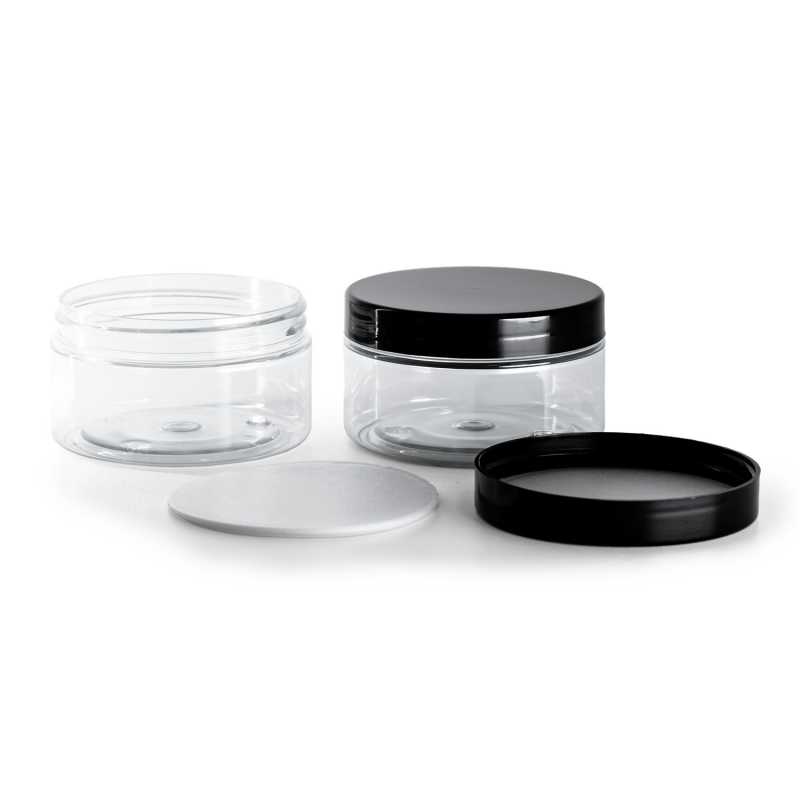 Vaso di plastica, trasparente, tappo di plastica nero con liner a induzione, 100 ml