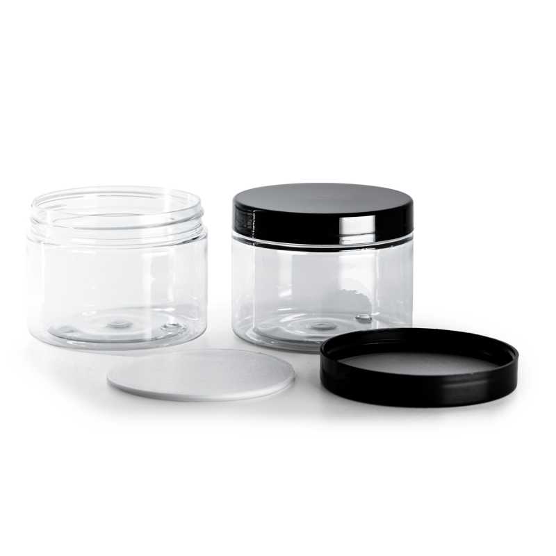 Vaso di plastica, trasparente, tappo nero con liner a induzione, 150 ml