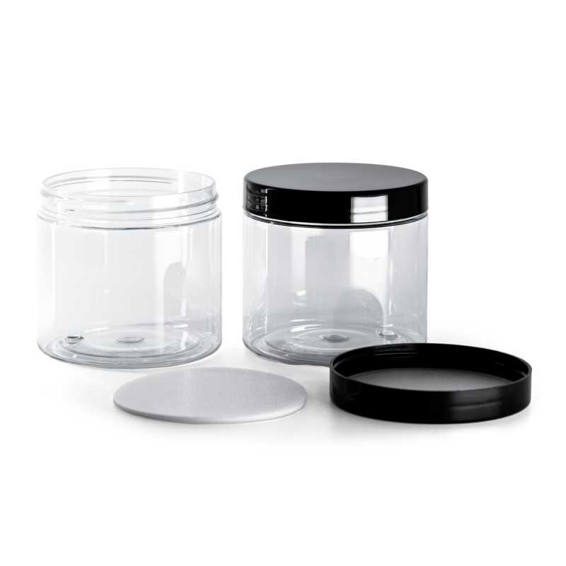 Vaso di plastica, trasparente, tappo nero con liner a induzione, 200 ml