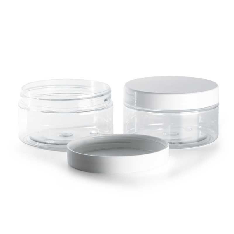 Vasetto plastico, trasparente, tappo bianco, 100 ml