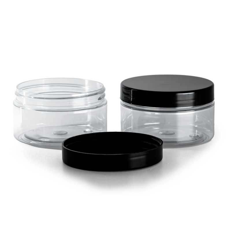 Vaso di plastica, trasparente, tappo nero, 100 ml