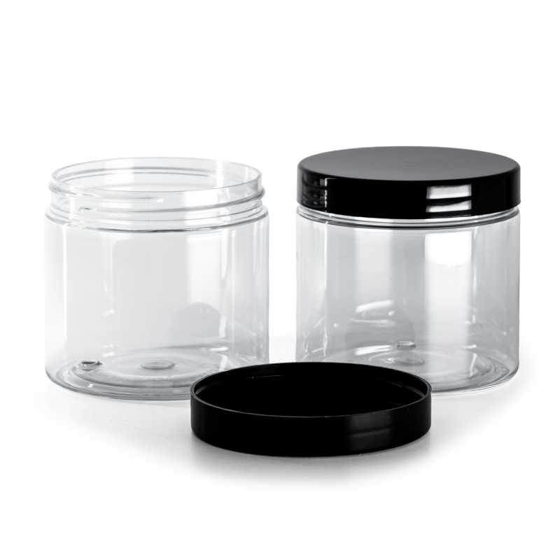 Vaso cosmetico in plastica, trasparente, tappo nero, 200 ml