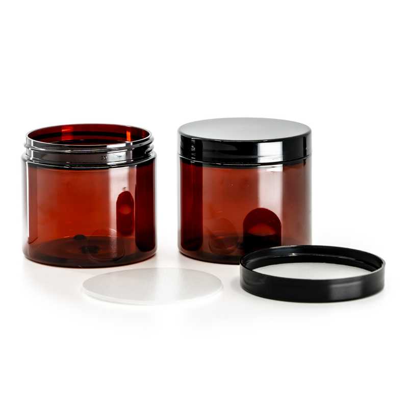 Vaso di plastica, ambra, tappo di plastica nero con liner a induzione, 200 ml
