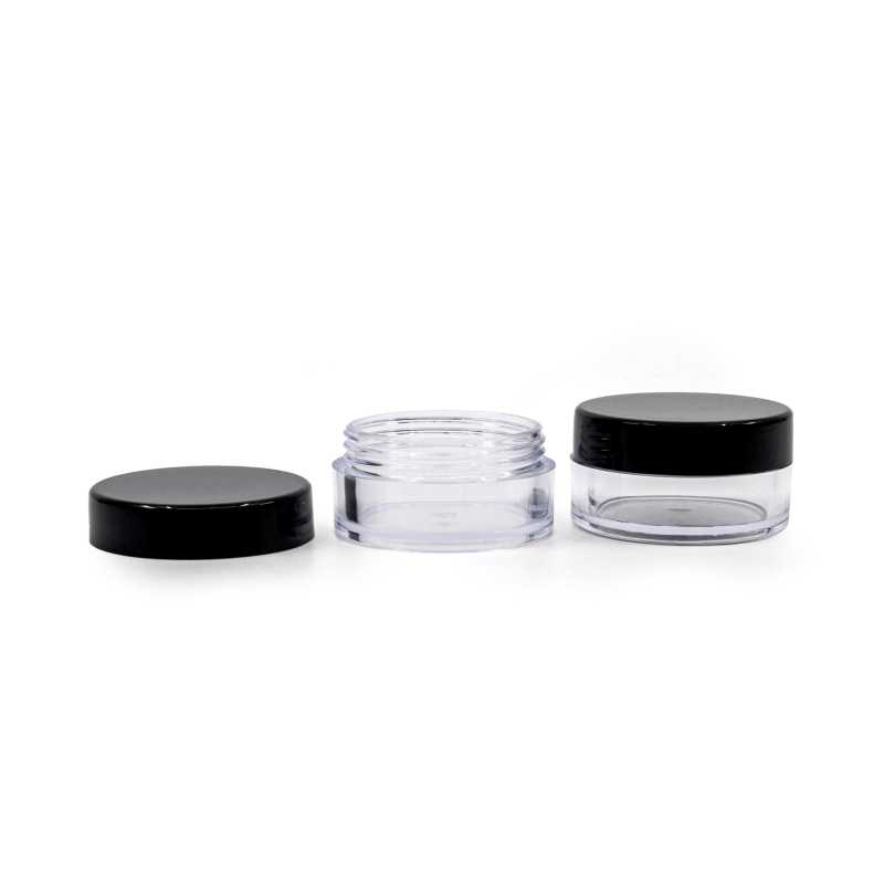Vasetto in plastica, trasparente, tappo nero, 10 ml