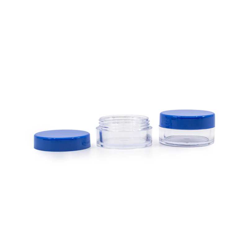 Vasetto plastico, trasparente, coperchio blu, 10 ml