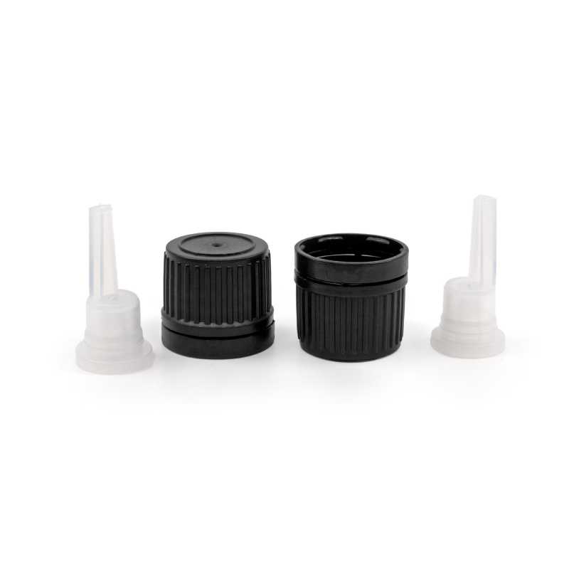 Tappo in plastica nero con contagocce interno e ghiera di inviolabilità, 18 mm