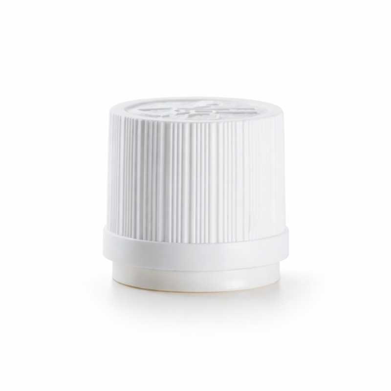 Capsula in plastica con anello di sicurezza, bianca, zigrinata, 18/410