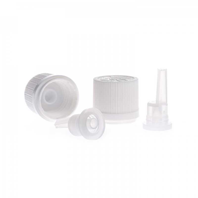 Tappo di plastica anticontraffazione con contagocce, bianco, zigrinato, 18/415