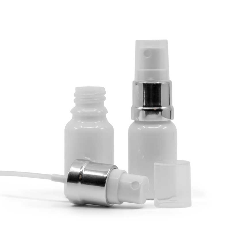 Bottiglia in vetro, bianca, spruzzatore bianco argento lucido, 10 ml