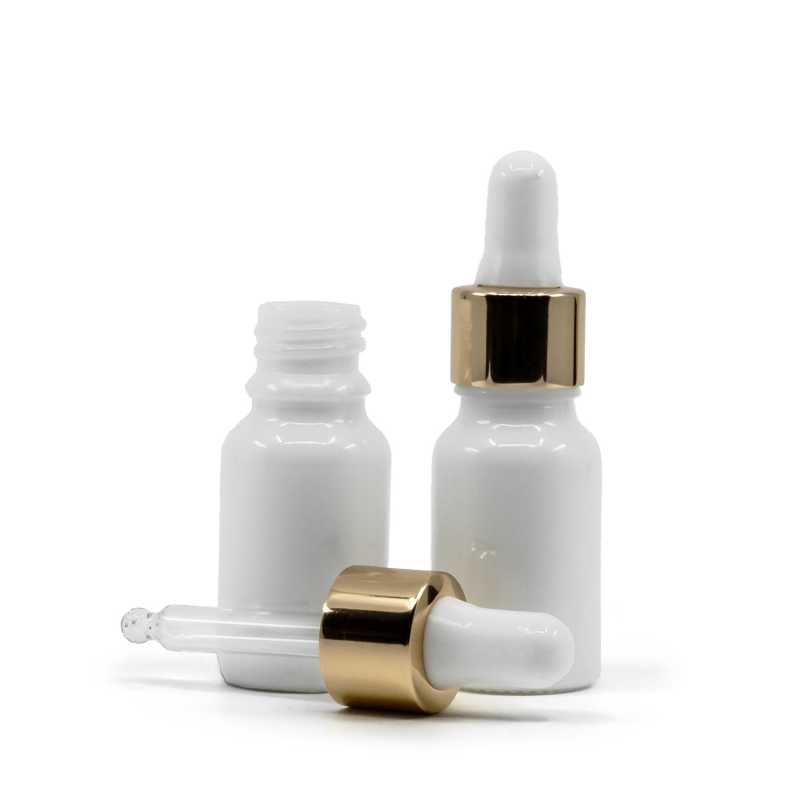Bottiglia in vetro, bianca, contagocce bianco oro, 10 ml