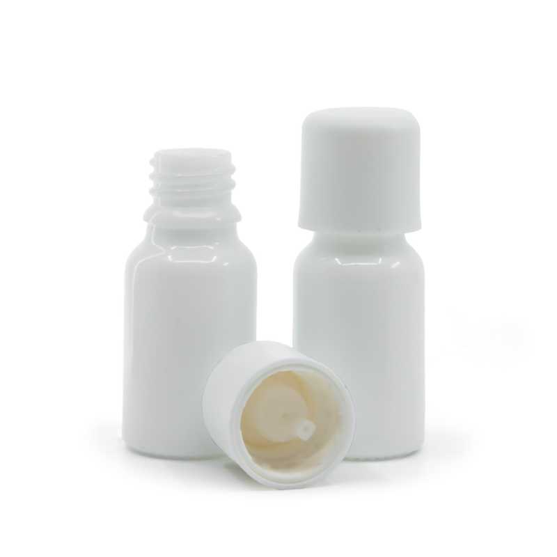 Bottiglia in vetro, bianca, tappo di sicurezza bianco con contagocce, 10 ml