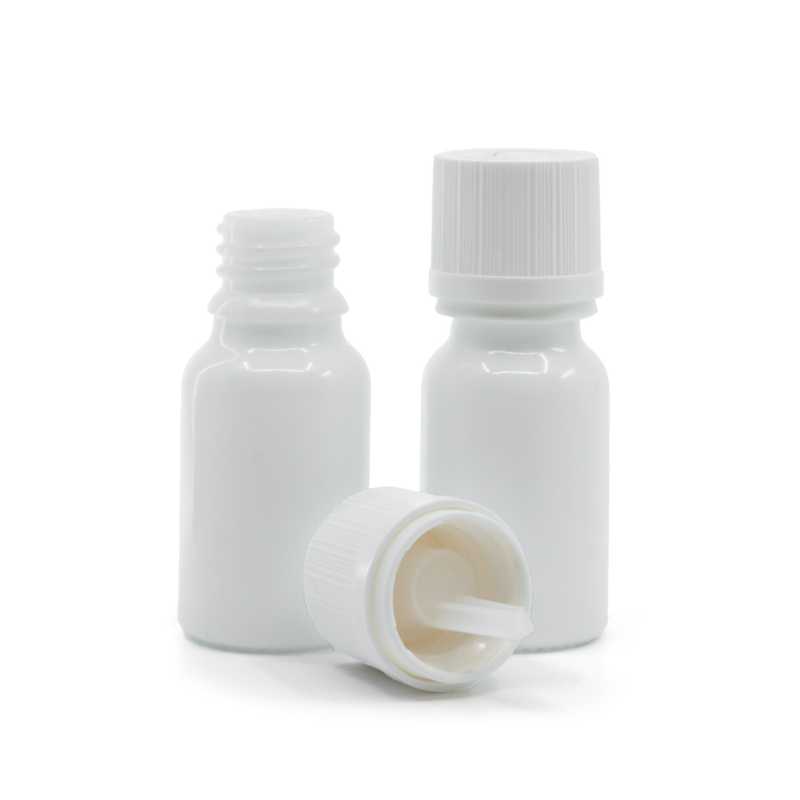 Flacone in vetro, bianco, tappo di sicurezza antimanomissione bianco con contagocce, 10 ml
