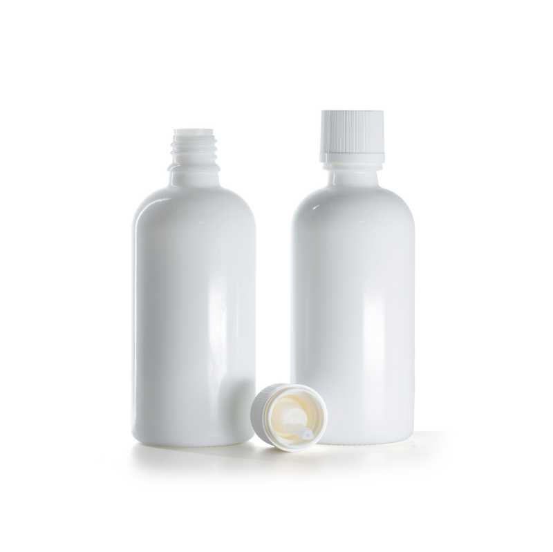Bottiglia in vetro, bianca, tappo di sicurezza bianco con contagocce, 100 ml