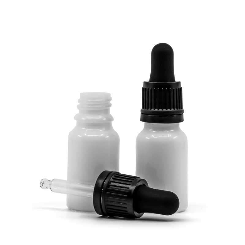 Bottiglia in vetro, bianca, contagocce nero, 10 ml