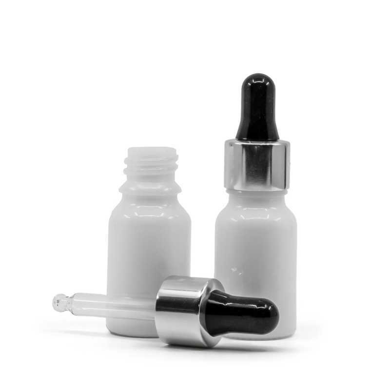 Flacone in vetro, bianco, contagocce nero e argento, 10 ml