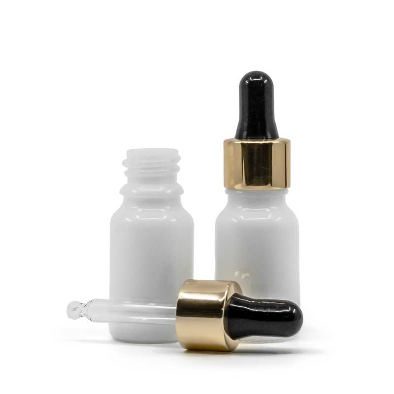 Flacone in vetro, bianco, contagocce nero e oro, 10 ml