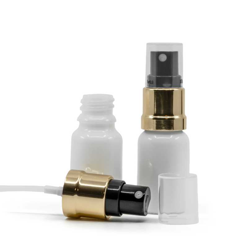 Bottiglia in vetro, bianca, spruzzatore nero dorato, 10 ml