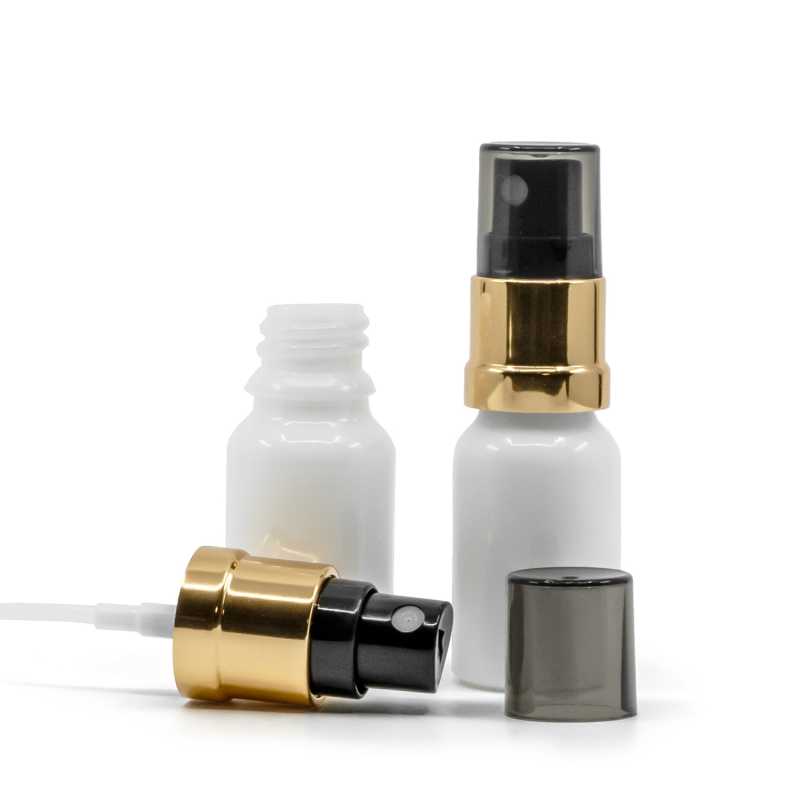 Flaconcino di vetro bianco, spruzzatore nero e dorato, sopra-tappo fumé, 10 ml