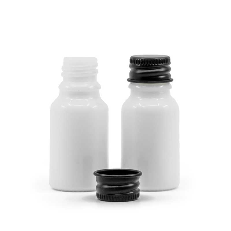Bottiglia in vetro, bianca, tappo in alluminio nero, 10 ml