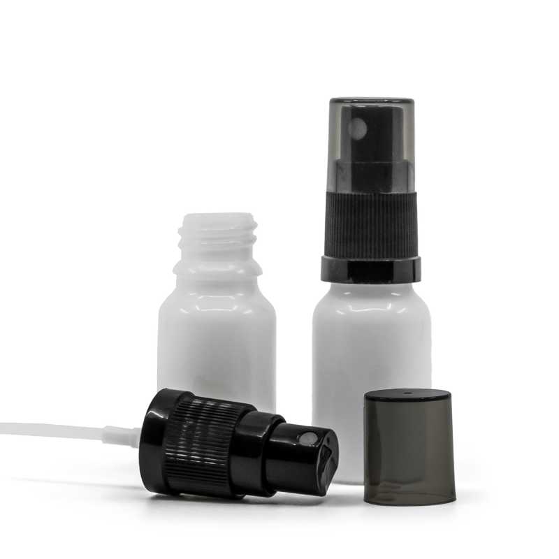 Flacone di vetro bianco, spruzzatore nero, sopra-tappo fumé, 10 ml
