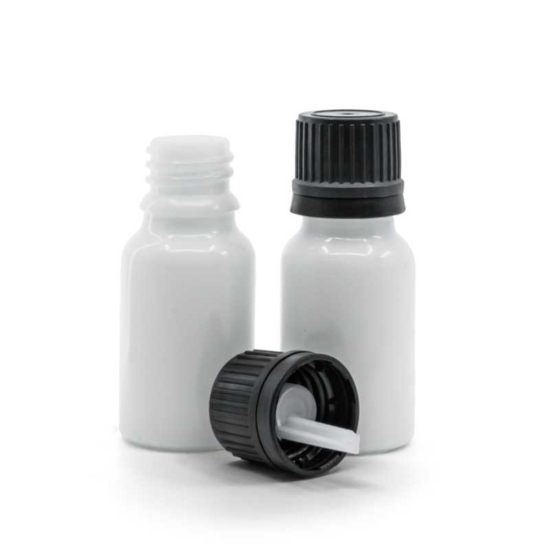 Flacone di vetro bianco, tappo nero con contagocce, 10 ml