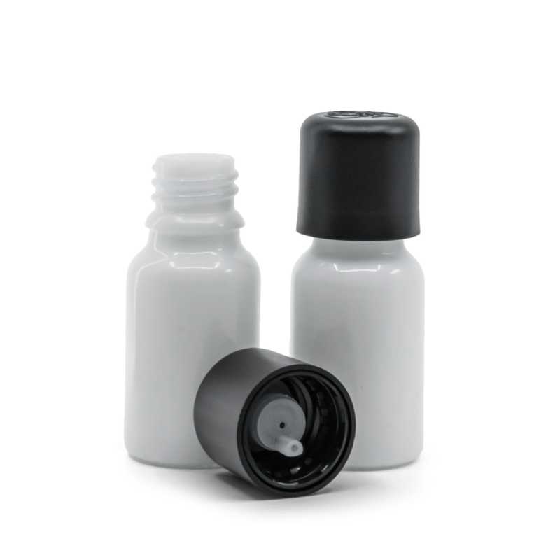 Flacone in vetro, bianco, tappo di sicurezza antimanomissione nero con contagocce, 10 ml