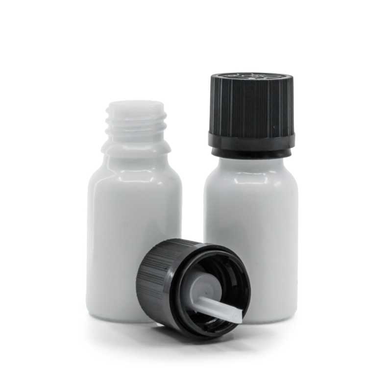 Flacone in vetro, bianco, tappo di sicurezza nero con contagocce, 10 ml