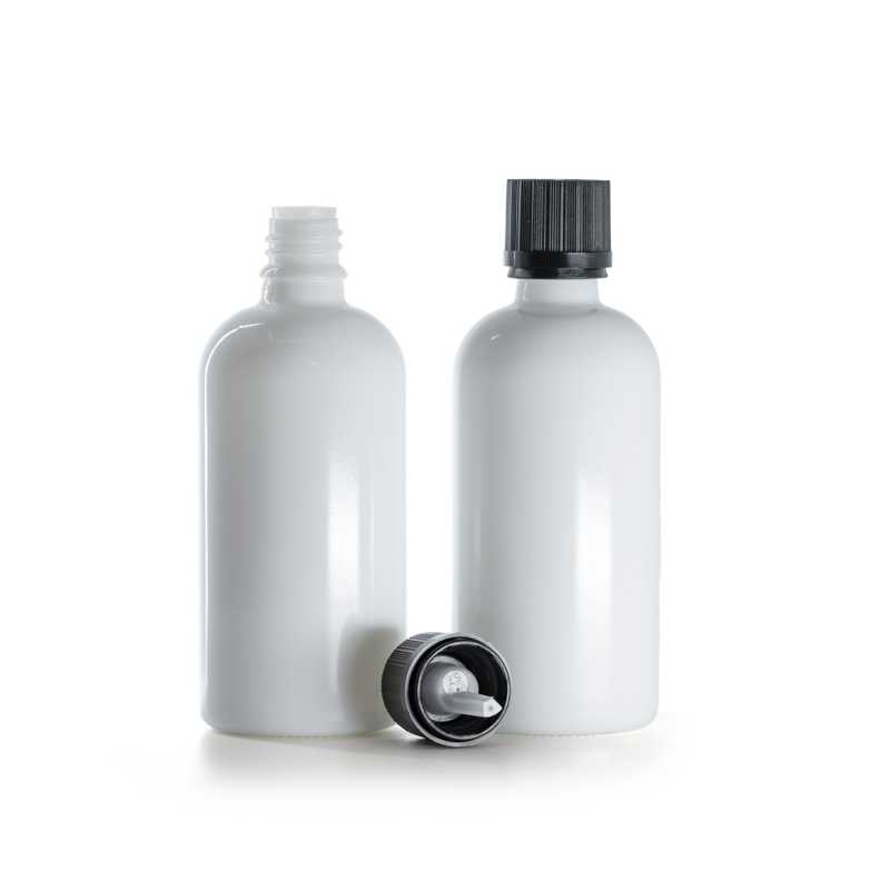 Flacone in vetro, bianco, tappo di sicurezza nero con contagocce, 100 ml