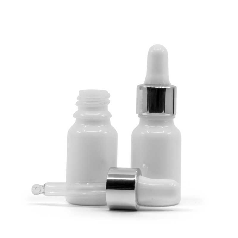 Flacone in vetro, bianco, contagocce argento, 10 ml