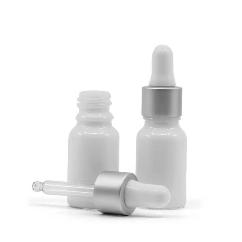 Flacone in vetro, bianco, contagocce bianco argento opaco, 10 ml