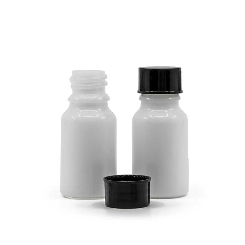 Flacone in vetro, bianco, tappo nero, 10 ml