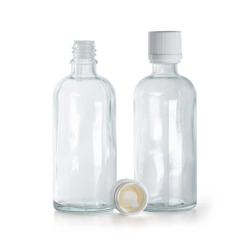 Bottiglia in vetro trasparente, tappo di sicurezza bianco con contagocce, 100 ml