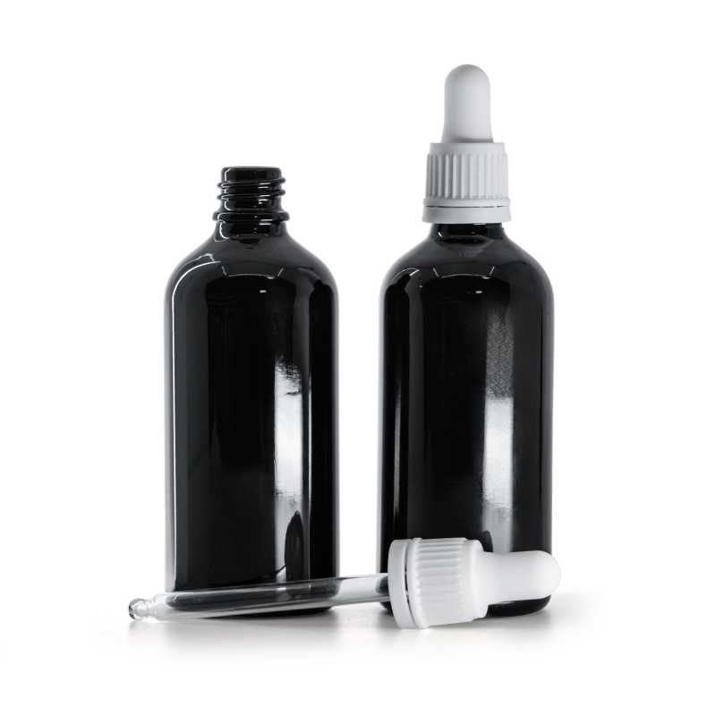 Flacone in vetro, nero lucido, contagocce bianco, 100 ml