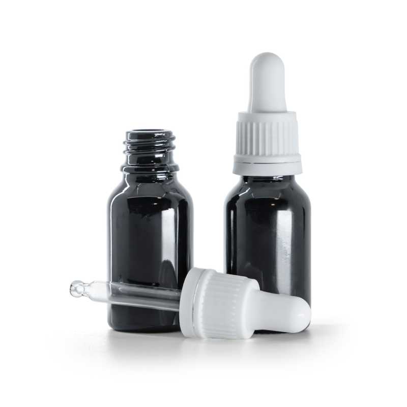 Flacone in vetro, nero lucido, contagocce bianco, 15 ml