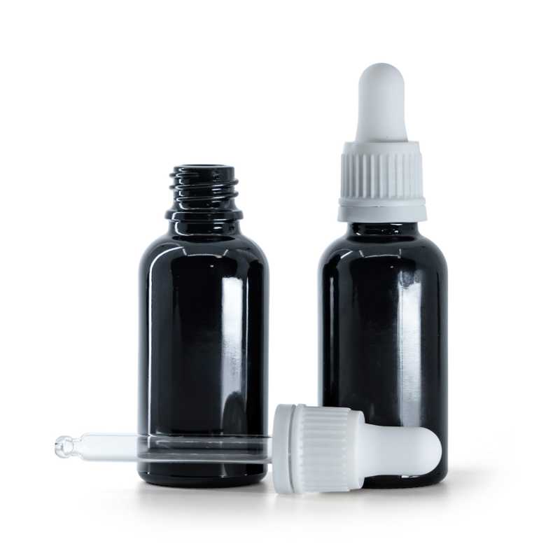 Flacone in vetro, nero lucido, contagocce bianco, 30 ml