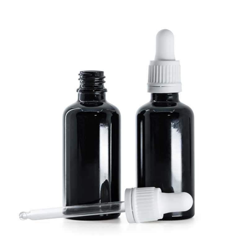 Flacone in vetro, nero lucido, contagocce bianco, 50 ml