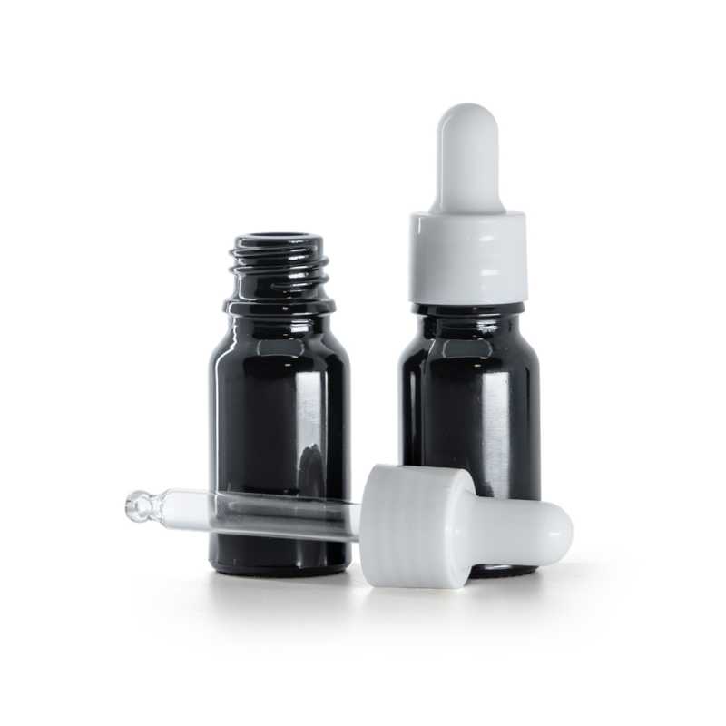 Bottiglia in vetro, nera lucida, contagocce bianco lucido, 10 ml