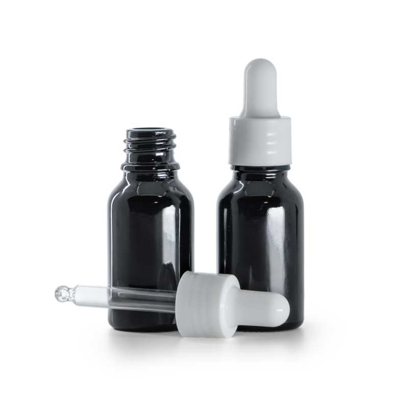 Flacone in vetro, nero lucido, contagocce bianco lucido, 15 ml