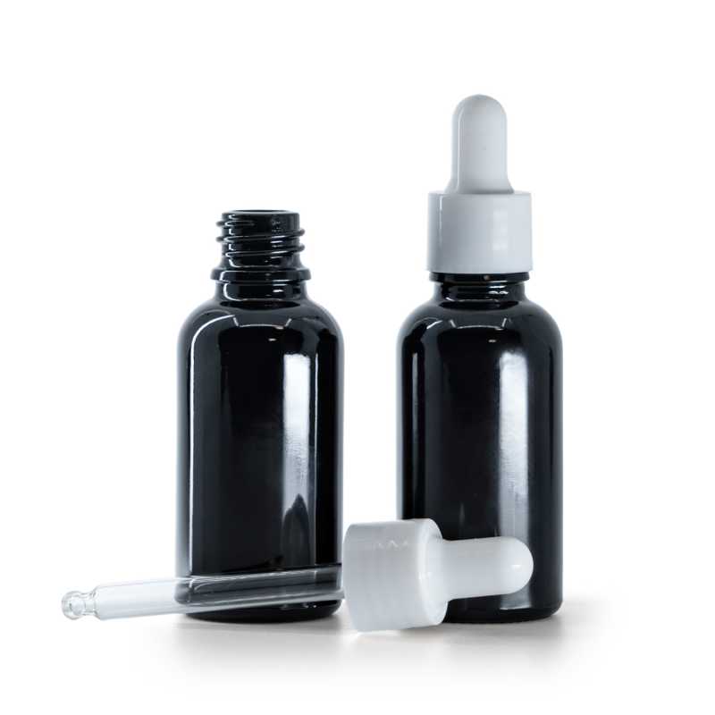 Flacone in vetro, nero lucido, contagocce bianco lucido, 30 ml