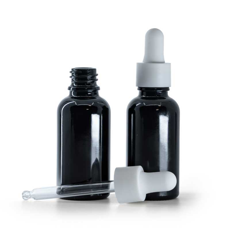 Flacone in vetro, nero lucido, contagocce liscio bianco opaco, 30 ml